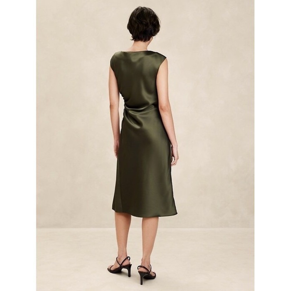 Banana Republic Olive Green Satin Ruched Midi Dress Cap Sleeve Size 8 - Picture 2 of 9